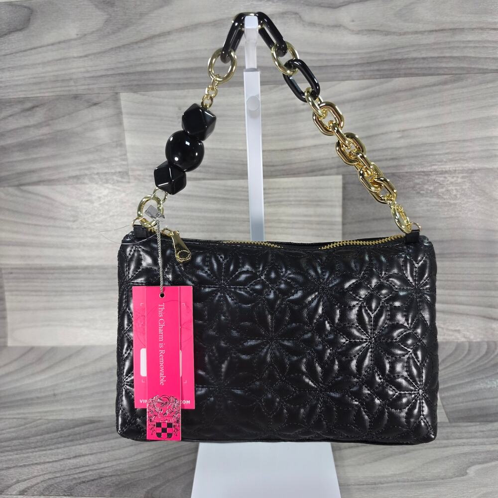 Vince Camuto Quilted Floral Shoulder Bag Black Gold Chain Resin Charm NWT 9"